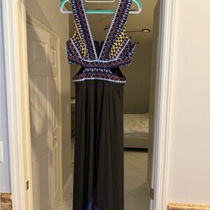 BCBGMaxAzria Black Maxi Dress with Multicolor Embroidered Bodice